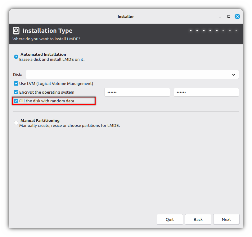 Installer: Fill the disk with random data