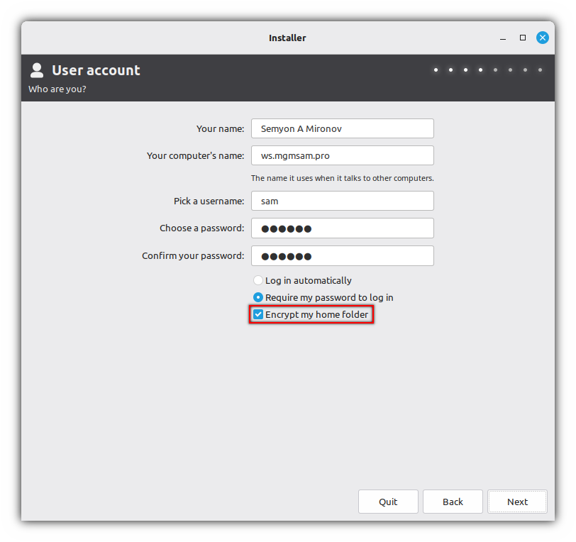 Installer: Create a user with home directory encryption