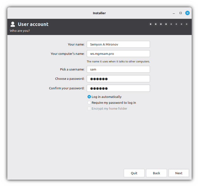 Installer: User: Log in automatically