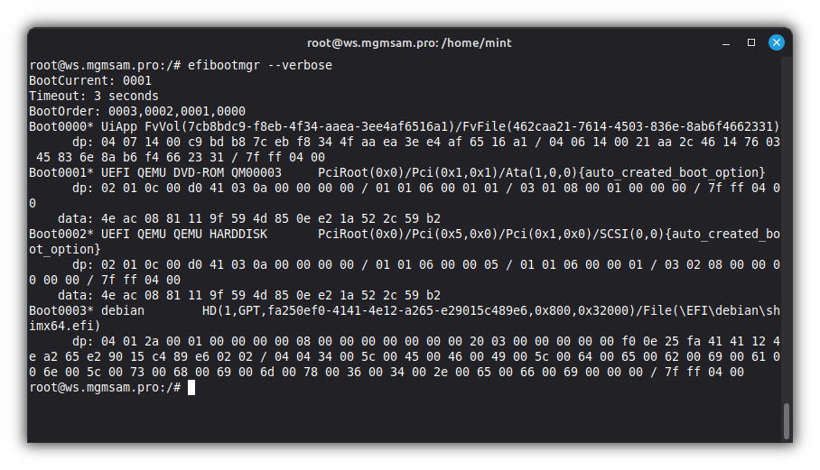 Current menu of the UEFI bootloader